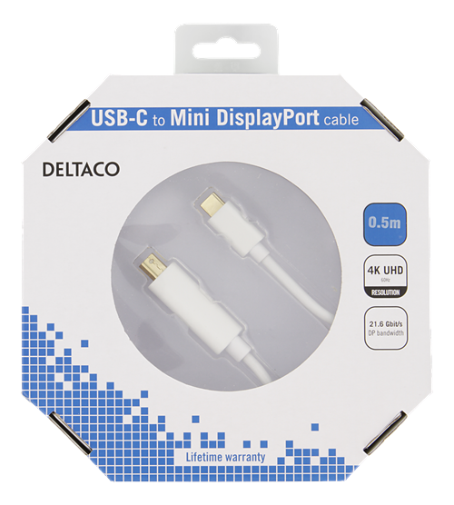 Deltaco USB-C till MiniDP kabel, 3840x2160 60Hz, 0.5m, vit