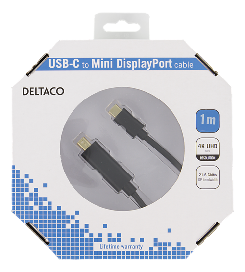 Deltaco USB-C till MiniDP kabel, 3840x2160, 60Hz, 1m, svart