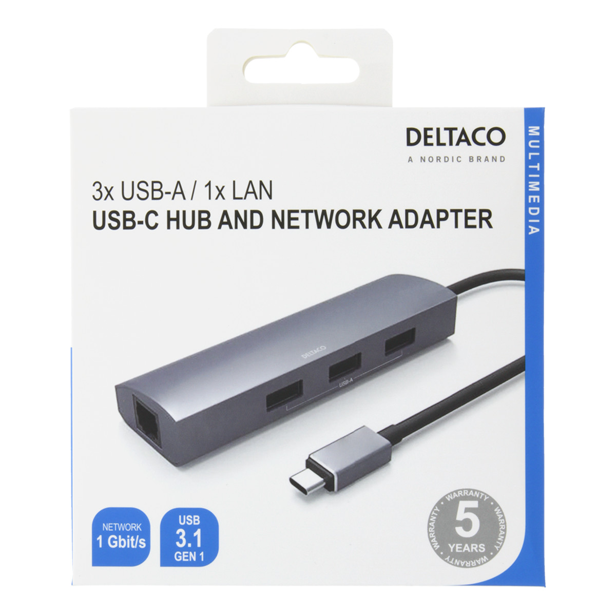 DELTACO USB-C Hub och Nätverksadapter, USB-C ha, RJ45 ho, 3xUSB-A 3.0