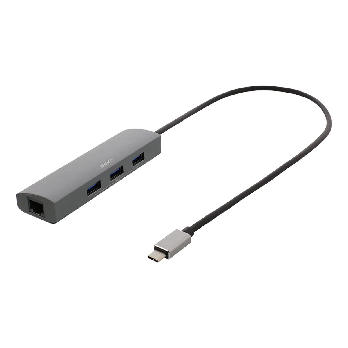 DELTACO USB-C Hub och Nätverksadapter, USB-C ha, RJ45 ho, 3xUSB-A 3.0