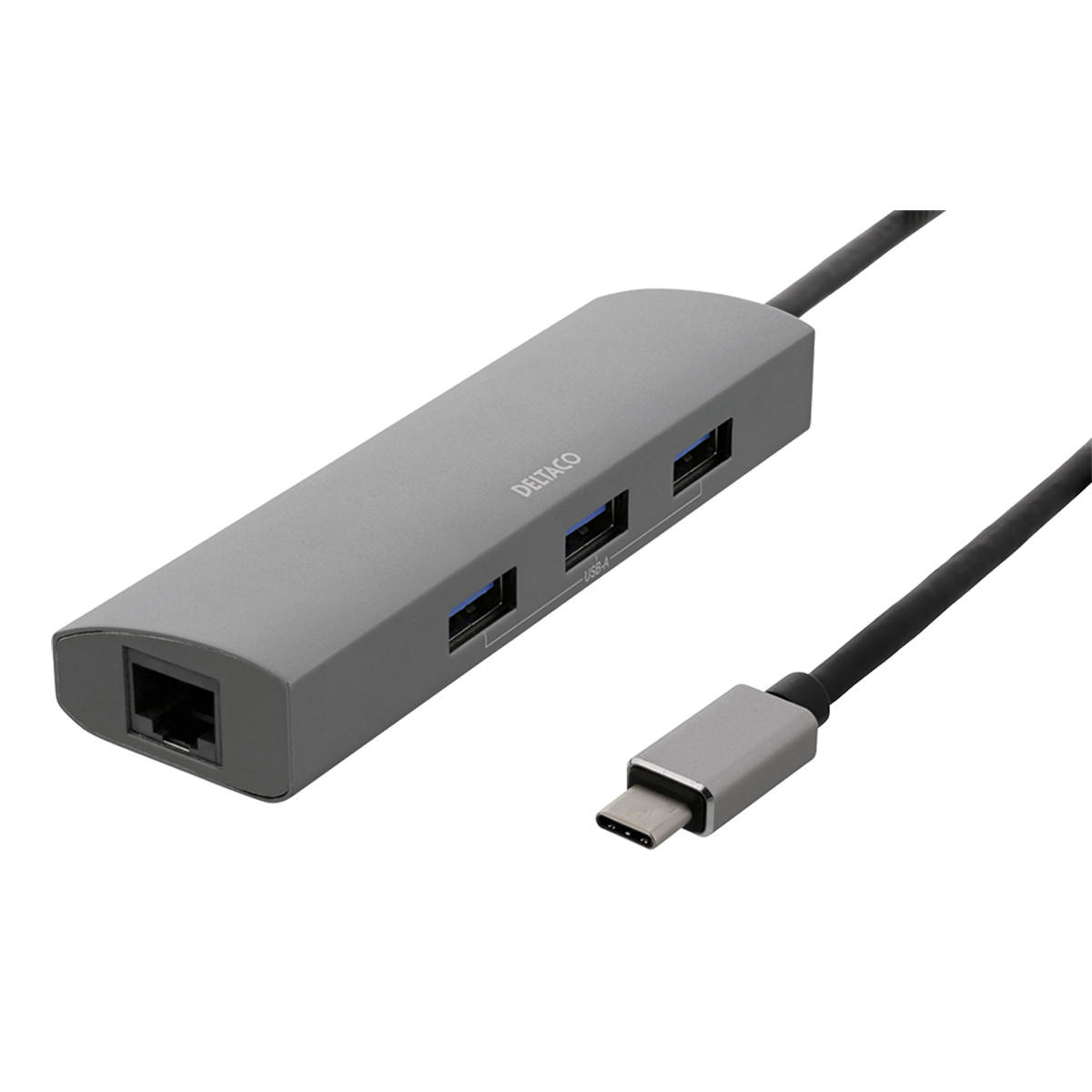 DELTACO USB-C Hub och Nätverksadapter, USB-C ha, RJ45 ho, 3xUSB-A 3.0