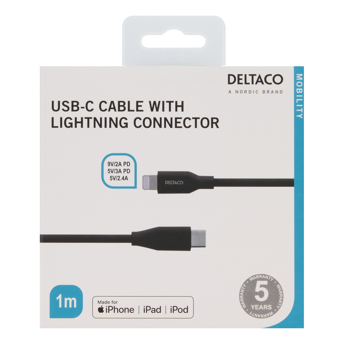 DELTACO USB-C Lightning kabel, 1m, 9V/2A 5V/3A PD, svart