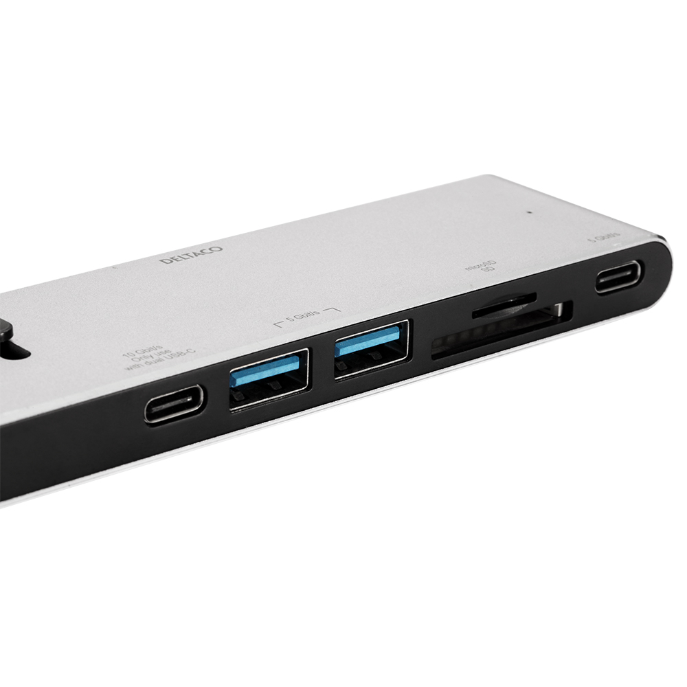 Deltaco USB-C dockningsstation, HDMI/SD/mSD-läsare PD3.0, grå