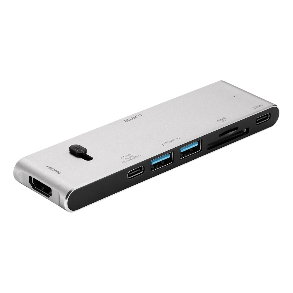 Deltaco USB-C dockningsstation, HDMI/SD/mSD-läsare PD3.0, grå