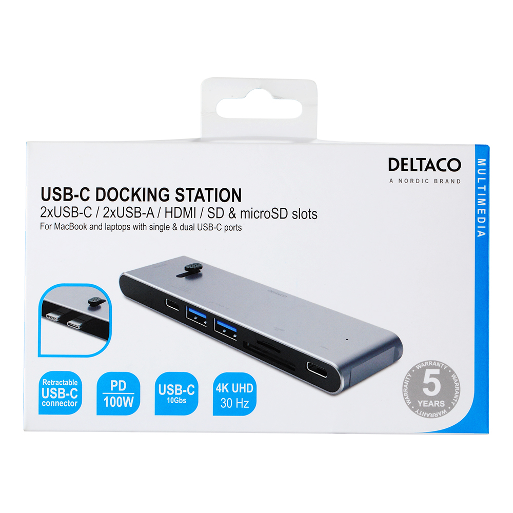 Deltaco USB-C dockningsstation, HDMI/SD/mSD-läsare PD3.0, grå