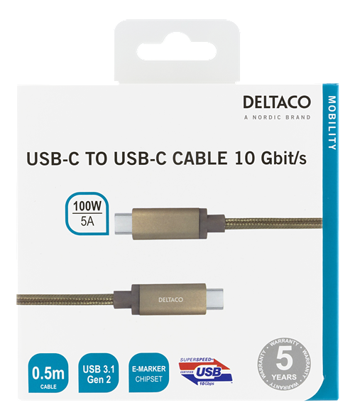 Deltaco USB-C SuperSpeed-kabel, USB 3.1, Gen 2, 0.5m, guld