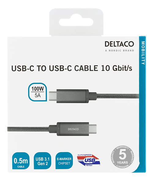 Deltaco USB-C SuperSpeed-kabel, 0.5m, USB3.1 Gen 2, grå