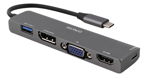 DELTACO USB-C dockningsstation, 1080p, DP/HDMI/VGA, UltraHD