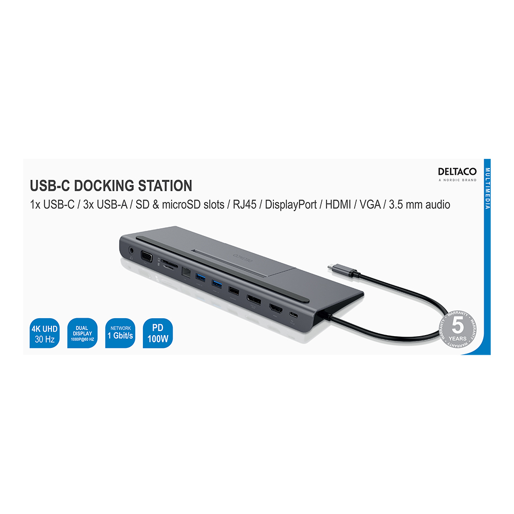 Deltaco USB-C dockningsstation DP/HDMI/VGA/SD/RJ45/PD, grå