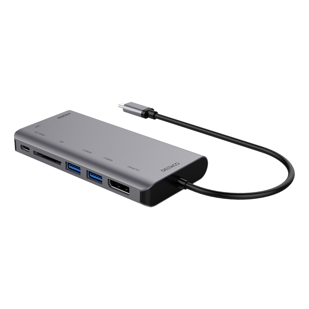 Deltaco USB-C dockningsstation, HDMI/DP/RJ45/2xUSB-A, PD3.0, grå