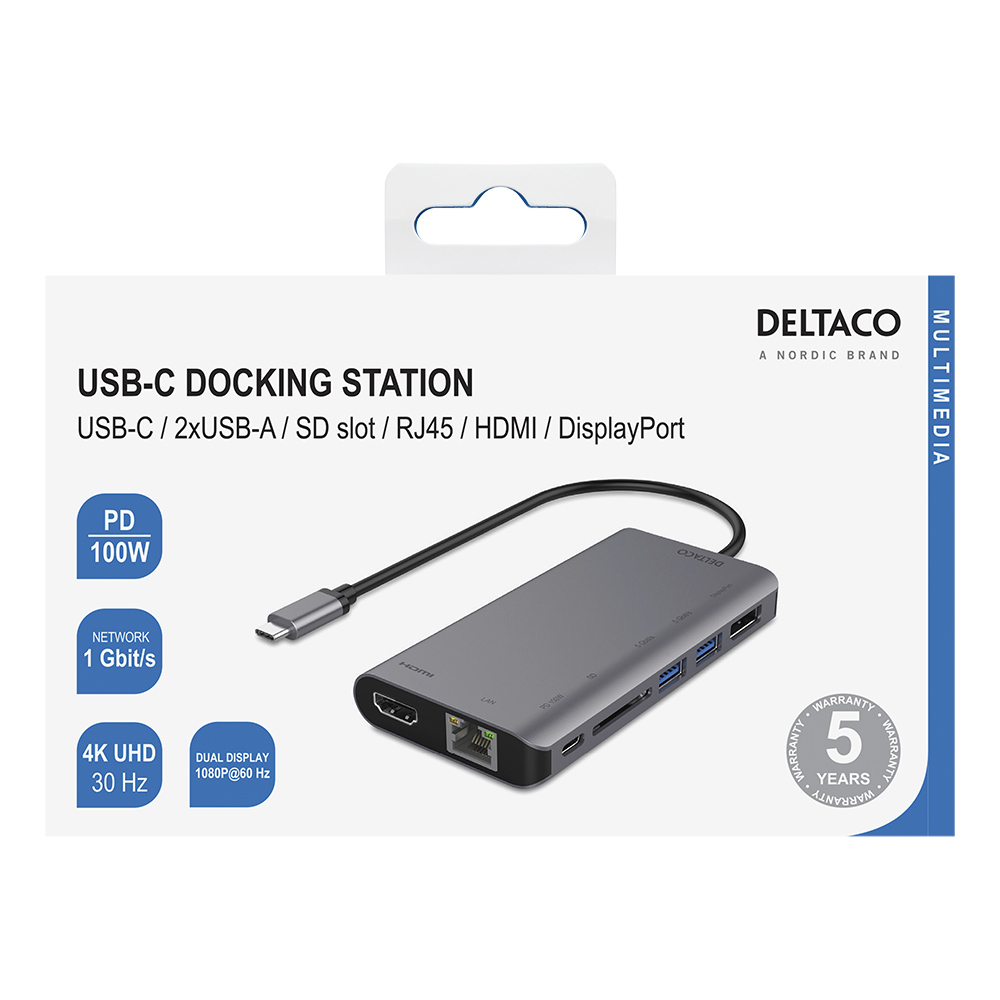 Deltaco USB-C dockningsstation, HDMI/DP/RJ45/2xUSB-A, PD3.0, grå