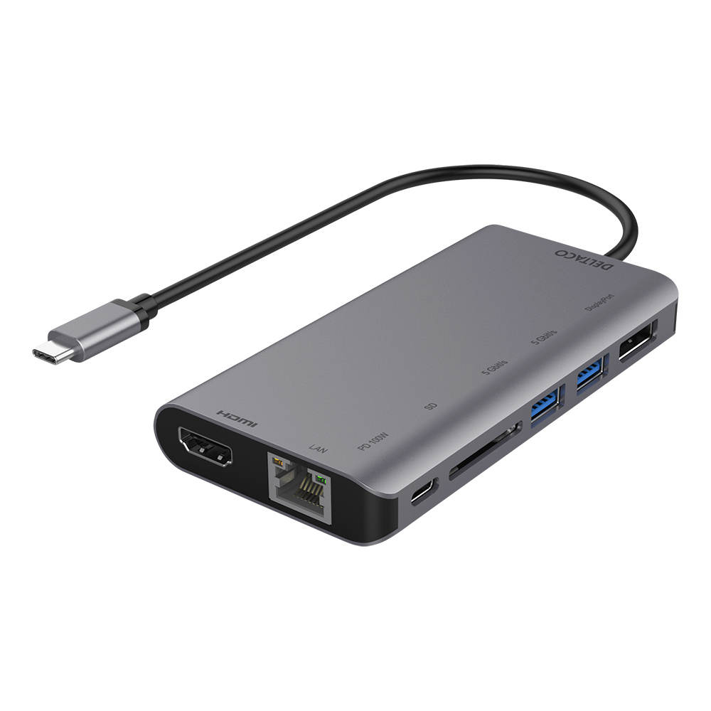 Deltaco USB-C dockningsstation, HDMI/DP/RJ45/2xUSB-A, PD3.0, grå