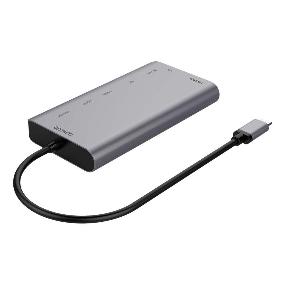 Deltaco USB-C dockningsstation, HDMI/DP/RJ45/2xUSB-A, PD3.0, grå