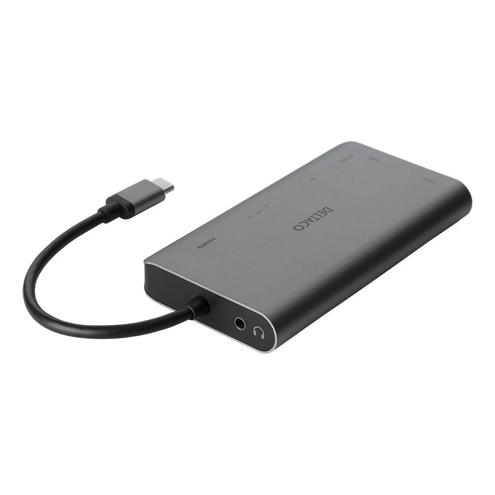 Deltaco USB-C dockningsstation, HDMI/VGA/2xUSB-A, PD3.0, grå
