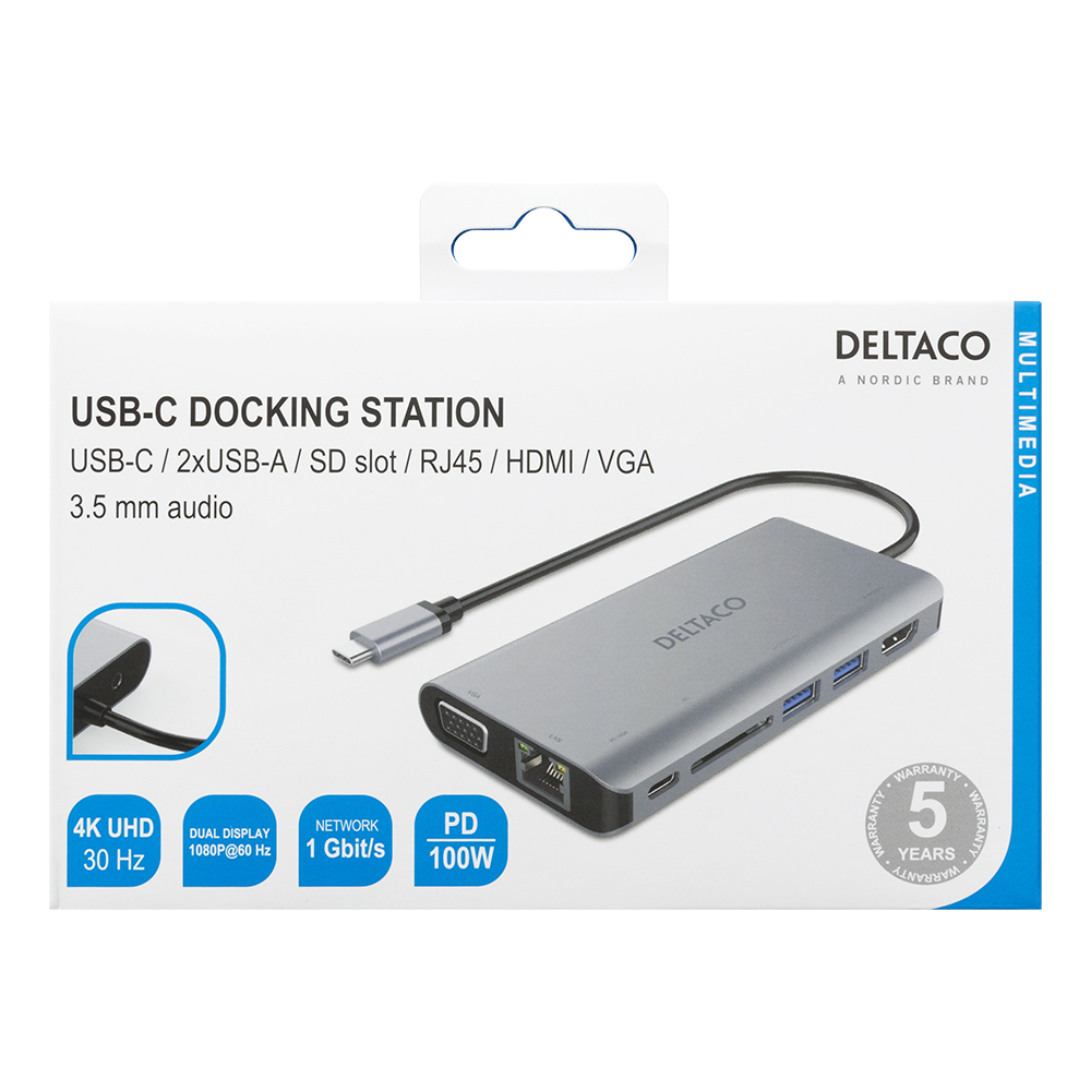Deltaco USB-C dockningsstation, HDMI/VGA/2xUSB-A, PD3.0, grå