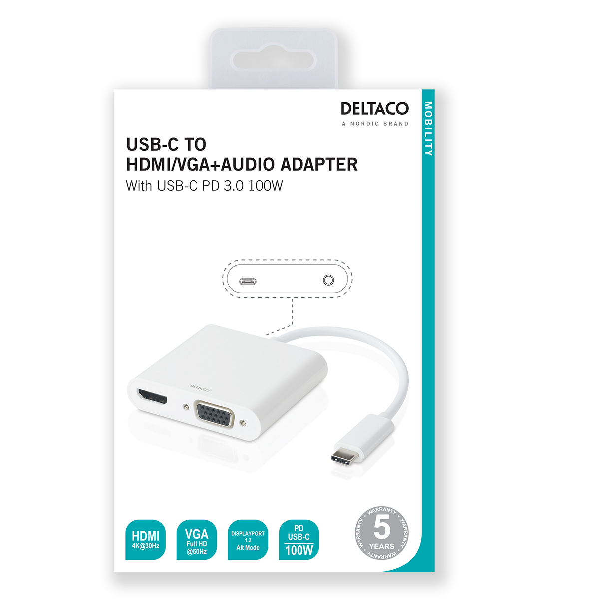 Deltaco USB-C dockningsstation, HDMI/VGA/Ljud/USB-C, PD 3.0