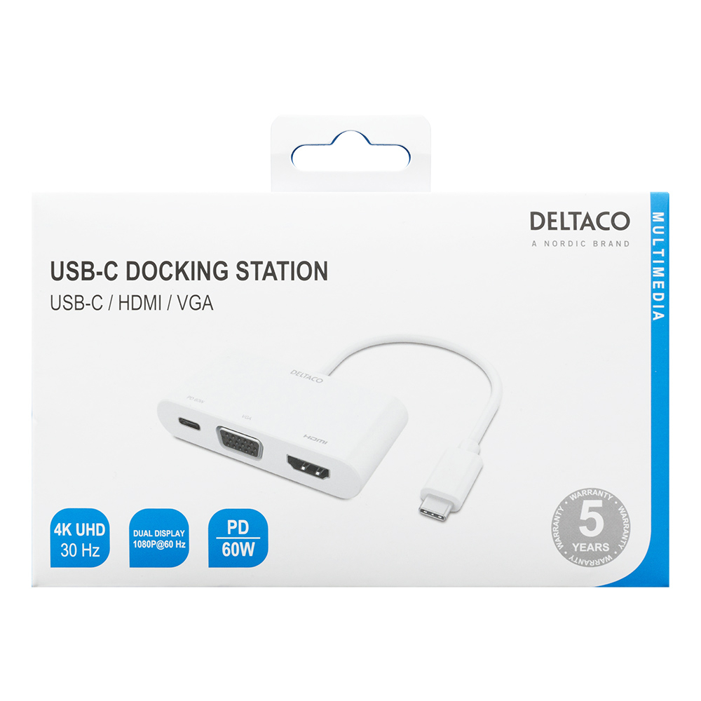 Deltaco USB-C till HDMI/VGA/USB-C-adapter, PD 2.0, vit
