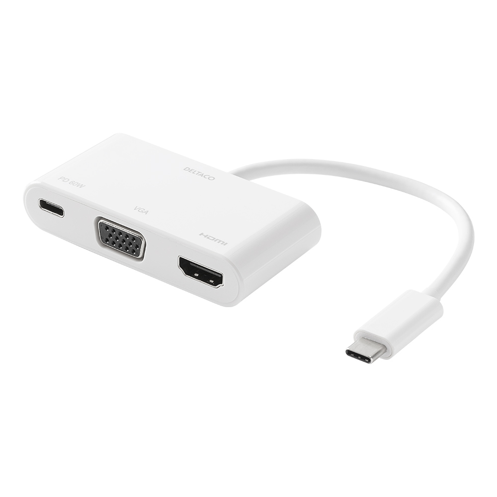 Deltaco USB-C till HDMI/VGA/USB-C-adapter, PD 2.0, vit