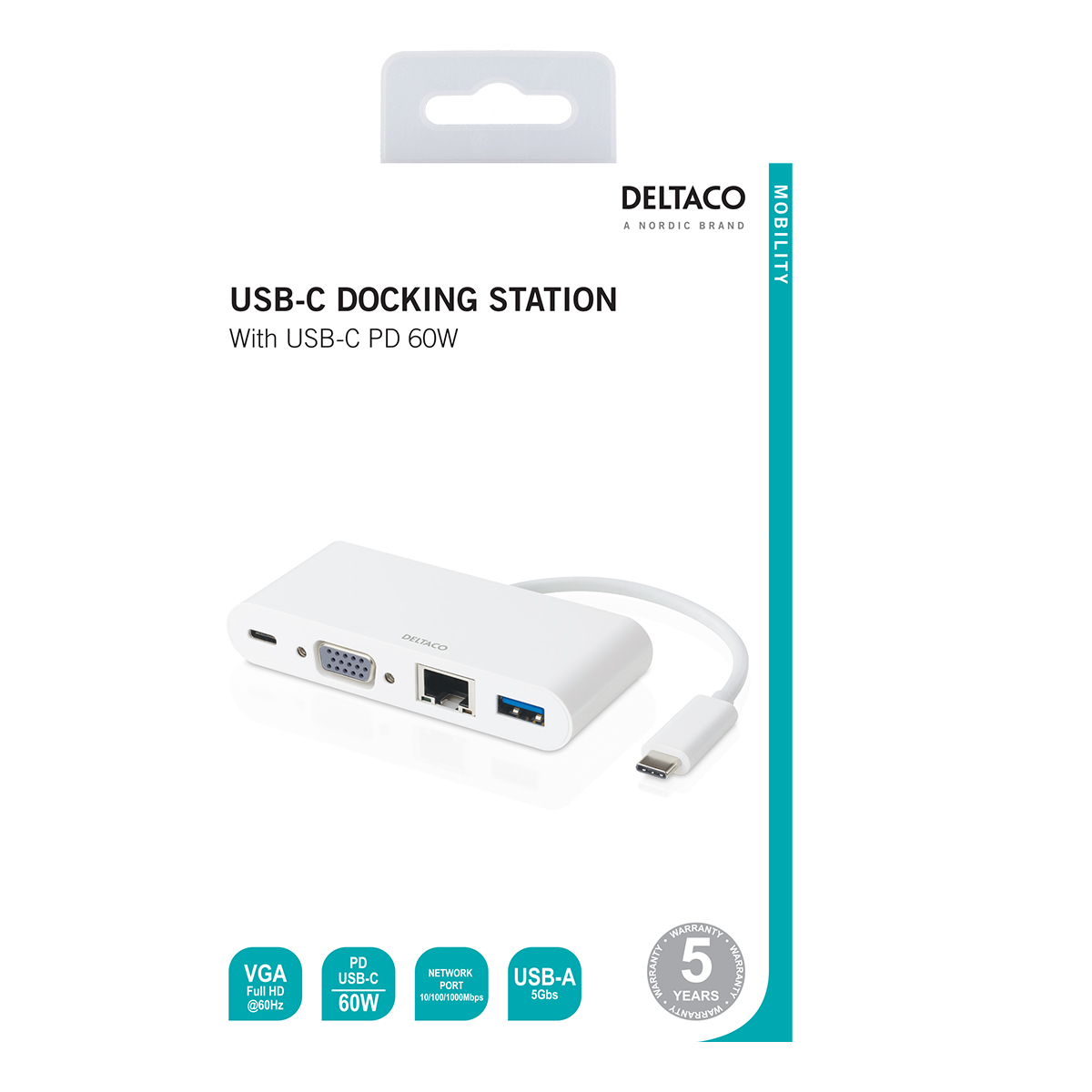 Deltaco USB-C dockningsstation, VGA/USB-C/RJ45/USB-A, 60W, PD