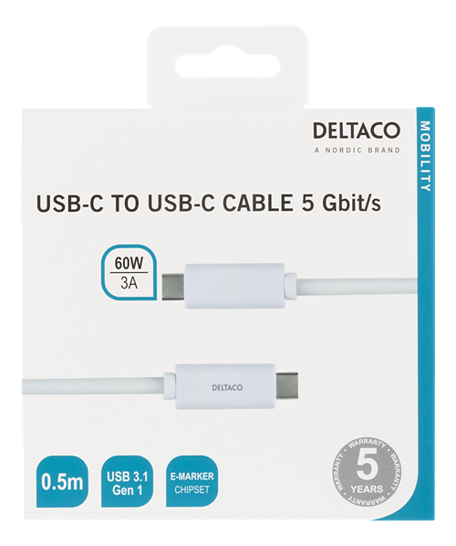 Deltaco USB-C till USB-C kabel, USB 3.1, Gen1, 0.5m, vit