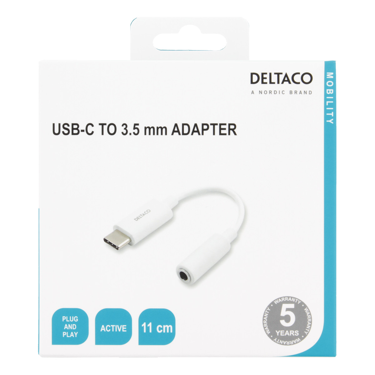 Deltaco USB-C till 3.5mm adapter, stereo, aktiv, 11 cm, vit