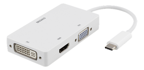 DELTACO USB-C till HDMI/DVI/VGA, 4K, DP Alt Mode, vit