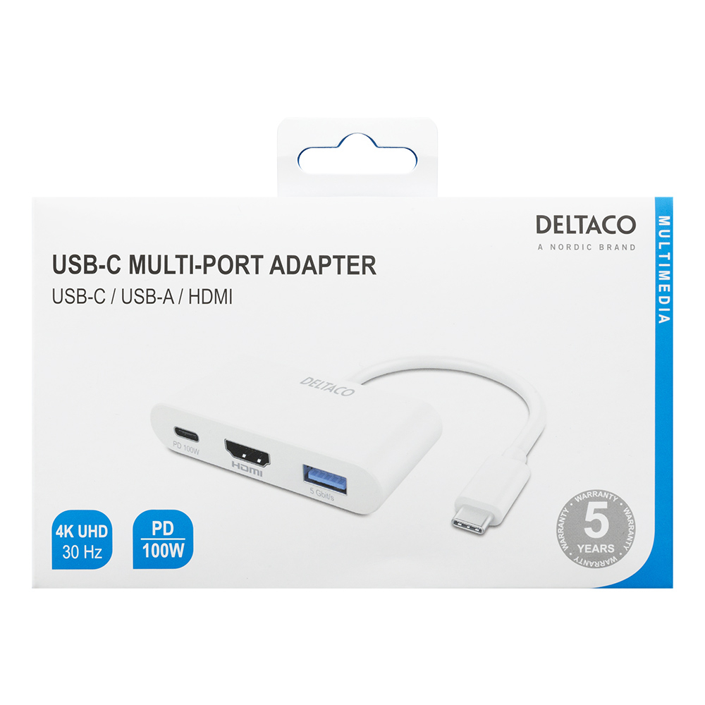 Deltaco USB-C till HDMI/USB-A adapter, PD 3.0, 100W, vit