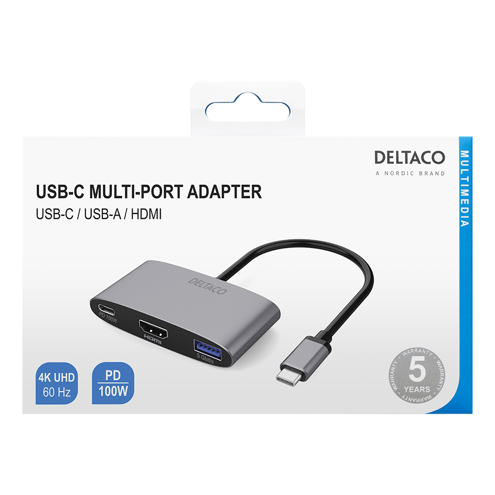 Deltaco USB-C till HDMI/USB-A adapter, 4K 60Hz, PD 3.0, 100W