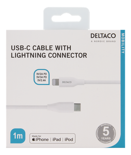 Deltaco USB-C till Lightning kabel, 1m, 5V/3A PD, vit