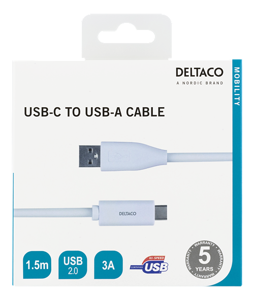 Deltaco USB-C till USB-A kabel, 1.5m, USB2.0, vit