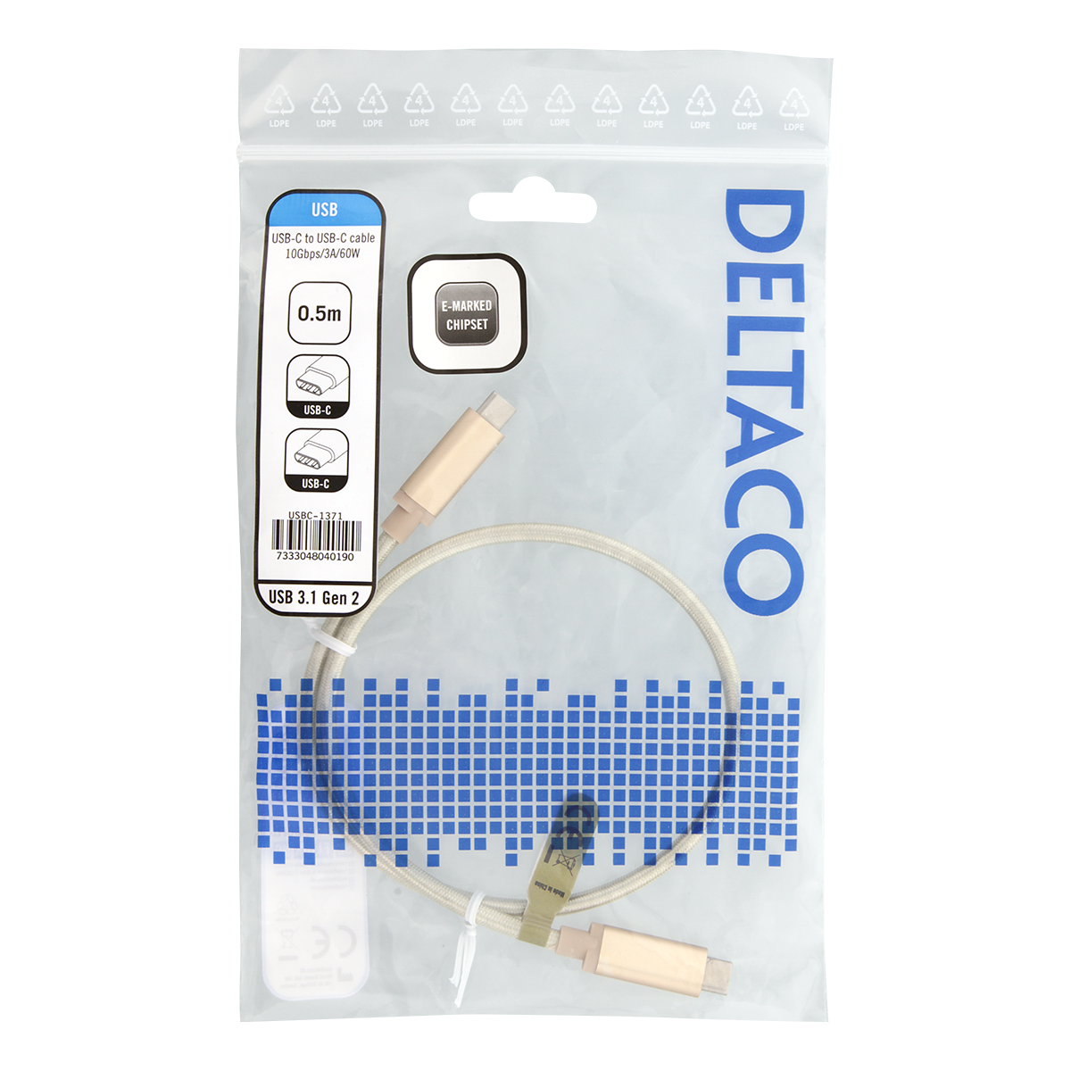 Deltaco USB-C till USB-C-kabel, 60W, 10 Gbps, 0,5m, guld