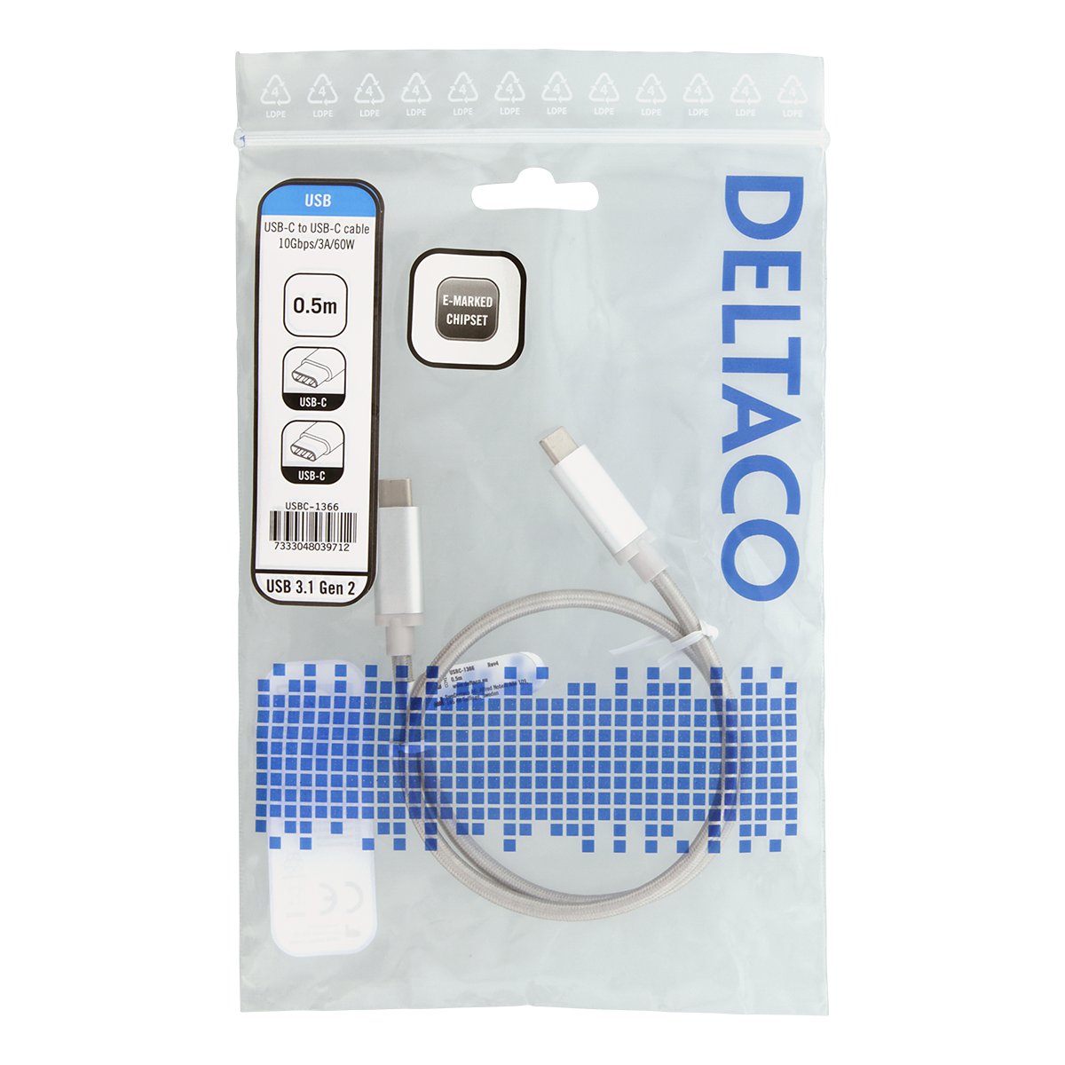 Deltaco USB-C till USB-C-kabel, 60W, 10 Gbps, 0,5m, silver