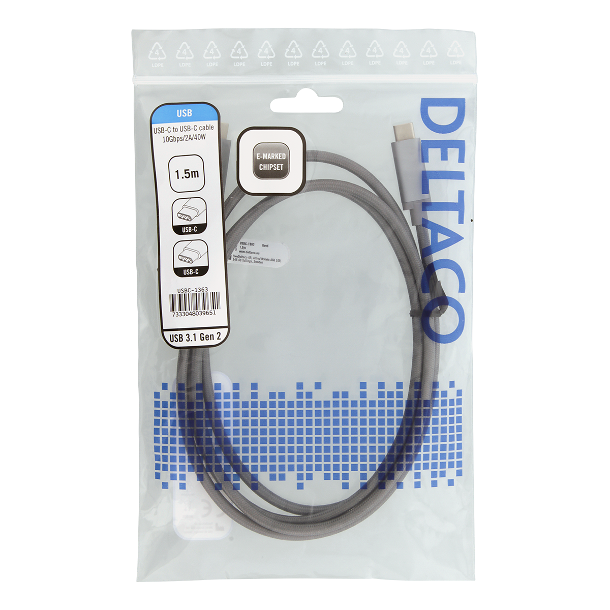 Deltaco USB-C till USB-C-kabel, 40W 10 Gbps, grå,1,5m