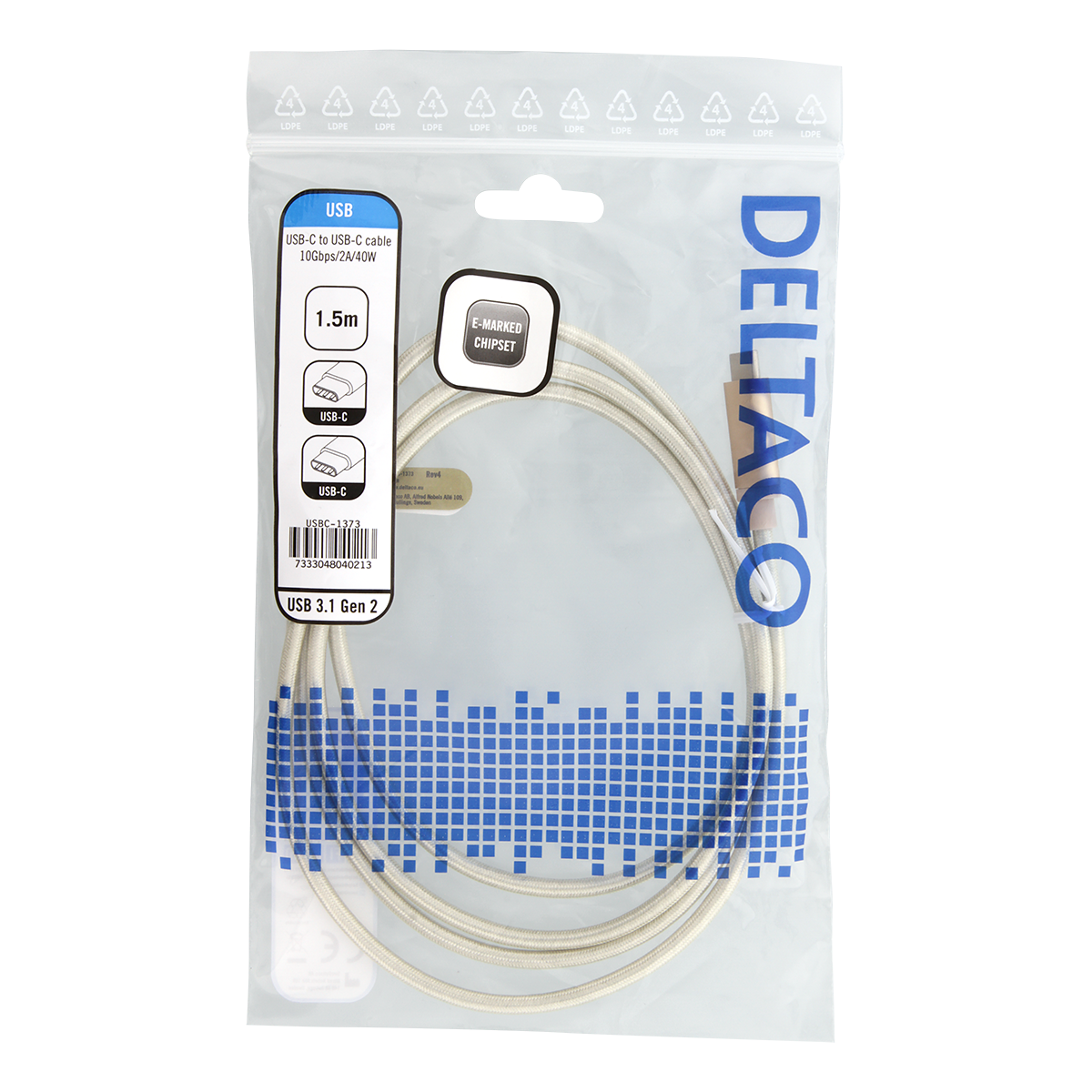 DELTACO USB-C till USB-C-kabel, 1,5m, 40W USB PD, 10 Gbps, guld
