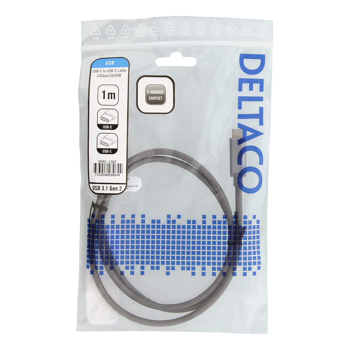 Deltaco USB-C till USB-C-kabel, 60W, 10 Gbps, 1m, grå