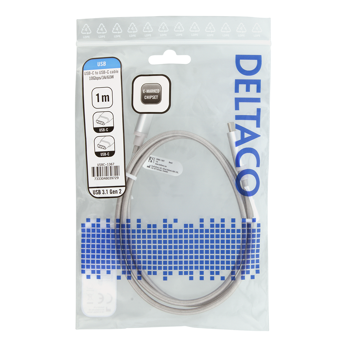 Deltaco USB-C till USB-C-kabel, 60W, 10 Gbps, 1m, silver