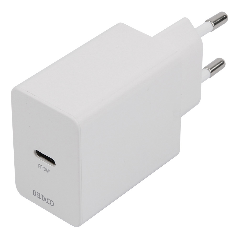 Deltaco USB-C väggladdare, 1m USB-C kabel, PD, 20W, vit