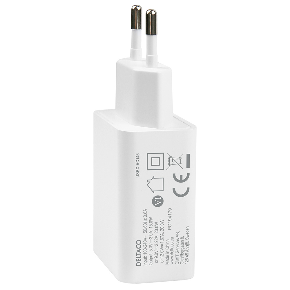 Deltaco USB-C väggladdare, 1m USB-C kabel, PD, 20W, vit