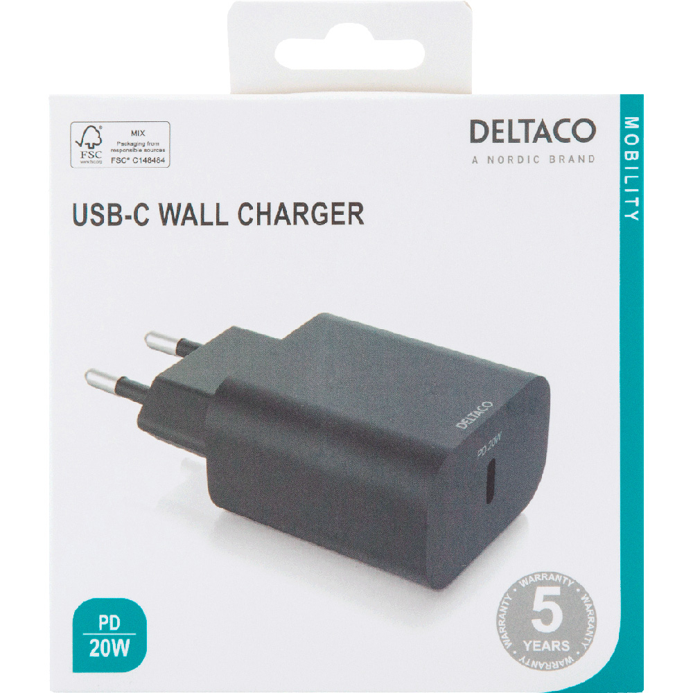 Deltaco USB-C väggladdare, PD, 20W, svart