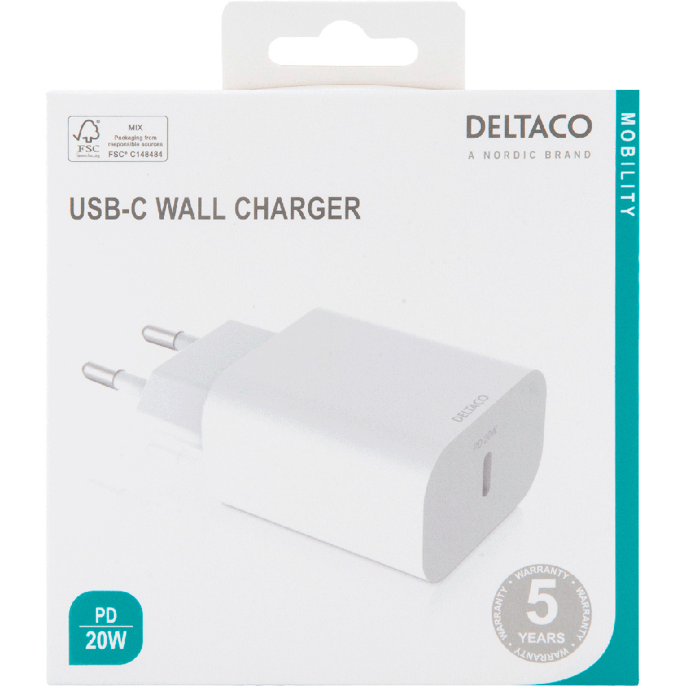 Deltaco USB-C väggladdare, PD, 20W, vit