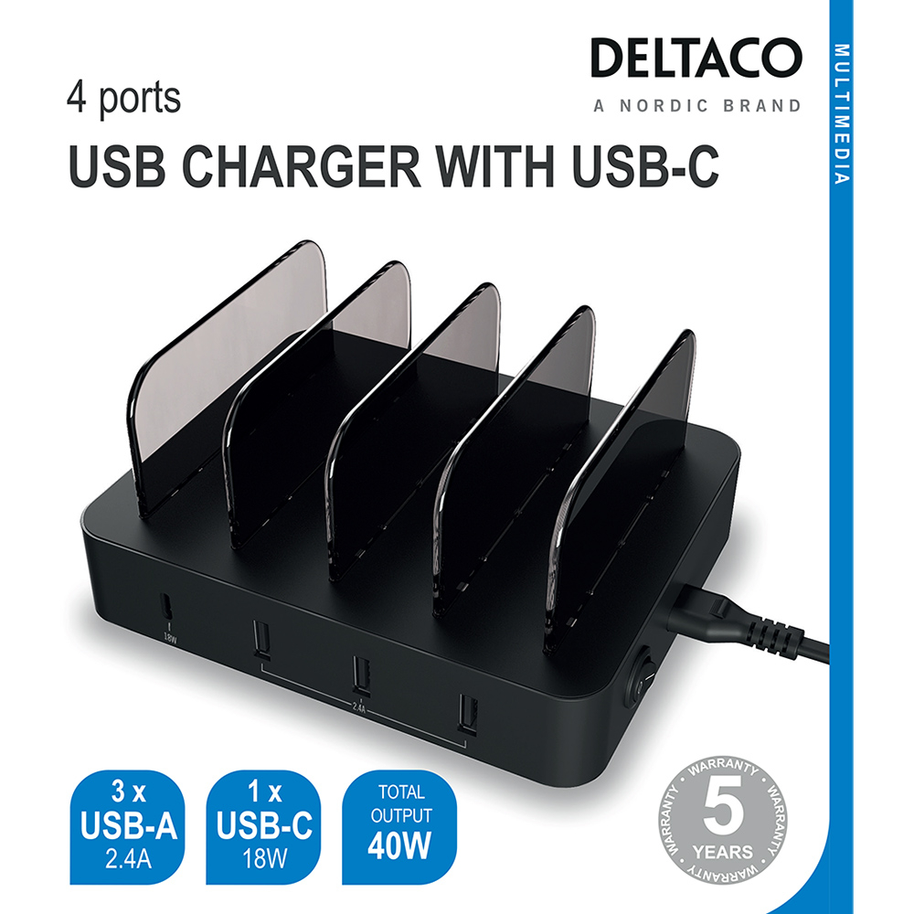 Deltaco USB laddningsstation, 3xUSB-A, 1xUSB-C, PD, 40W