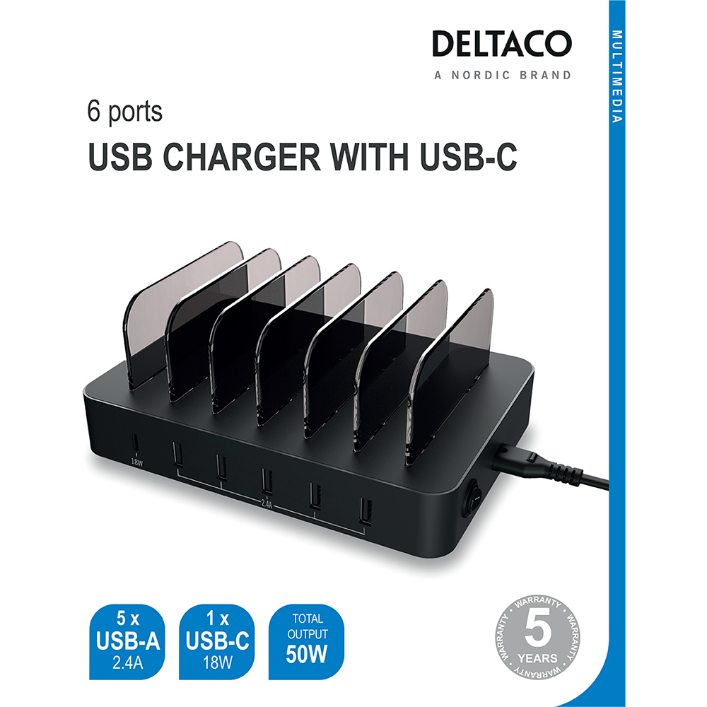 Deltaco USB Laddningsstation, 5xUSB-A, 1xUSB-C, PD, 50W
