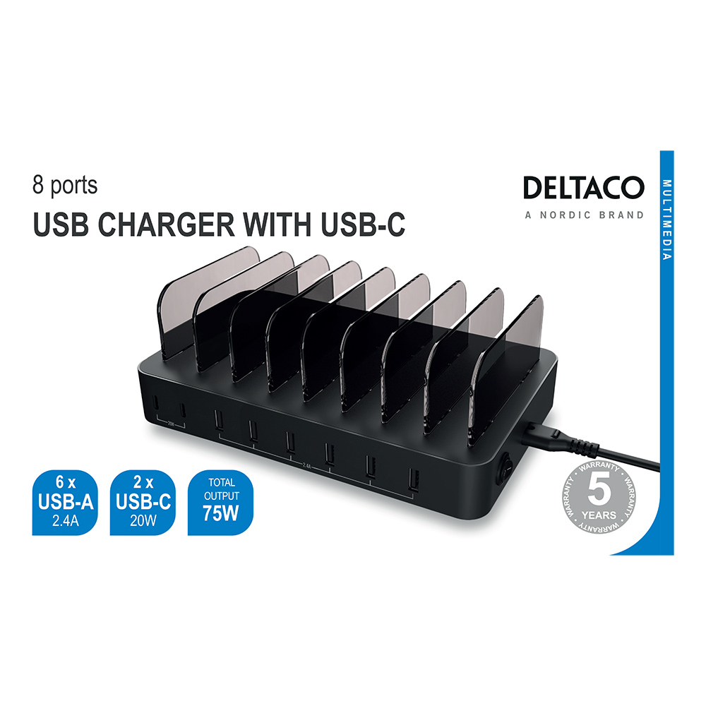 Deltaco USB-laddningsstation, 6xUSB-A, 2xUSB-C PD, 75W