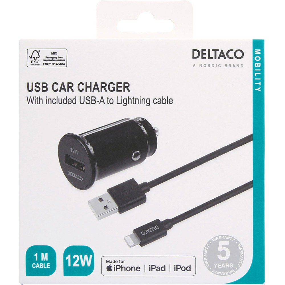 Deltaco USB billaddare+ 1m Lightning-kabel, MFI, 12W, svart