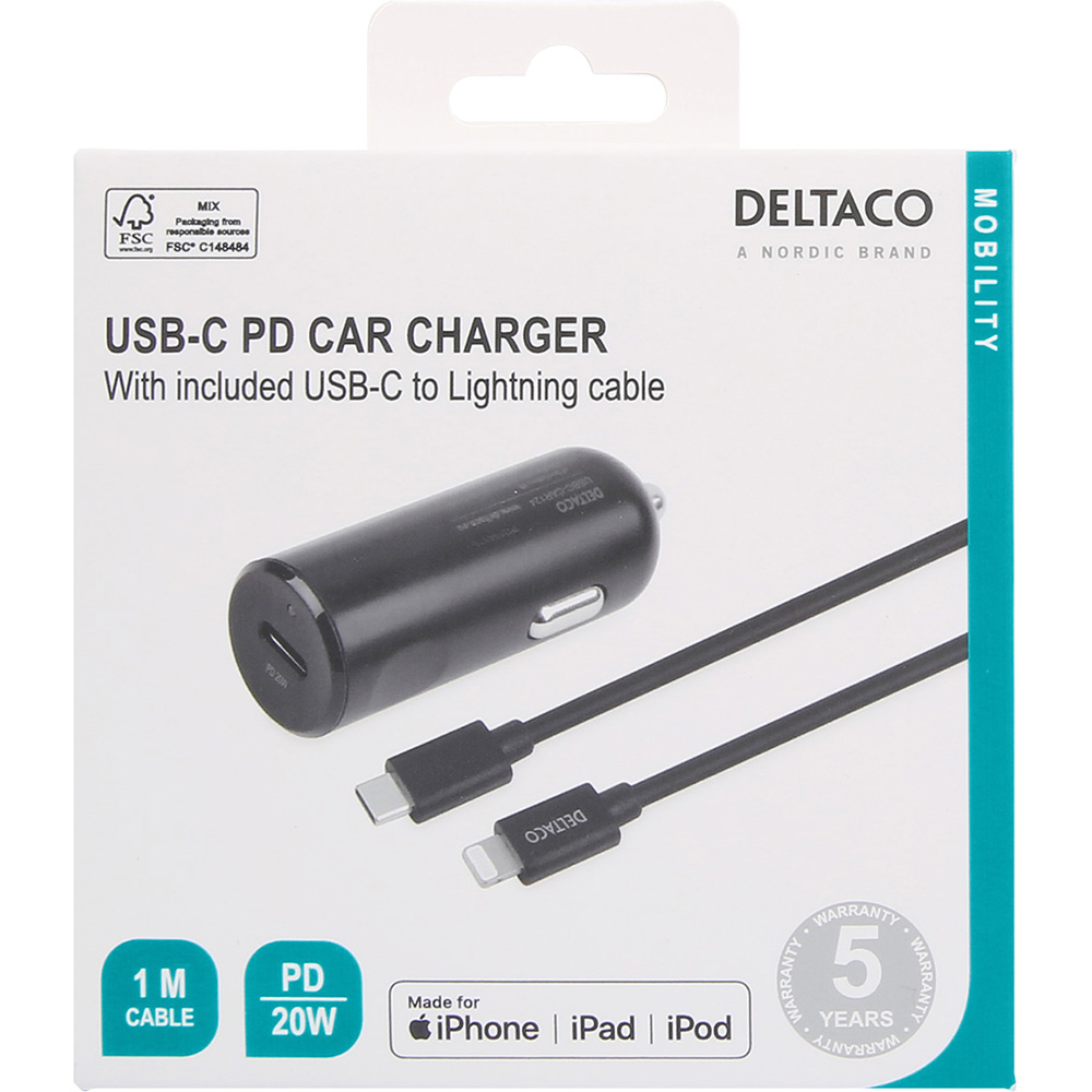 Deltaco USB-C billaddare + USB-C till Lightning-kabel, PD, 20W