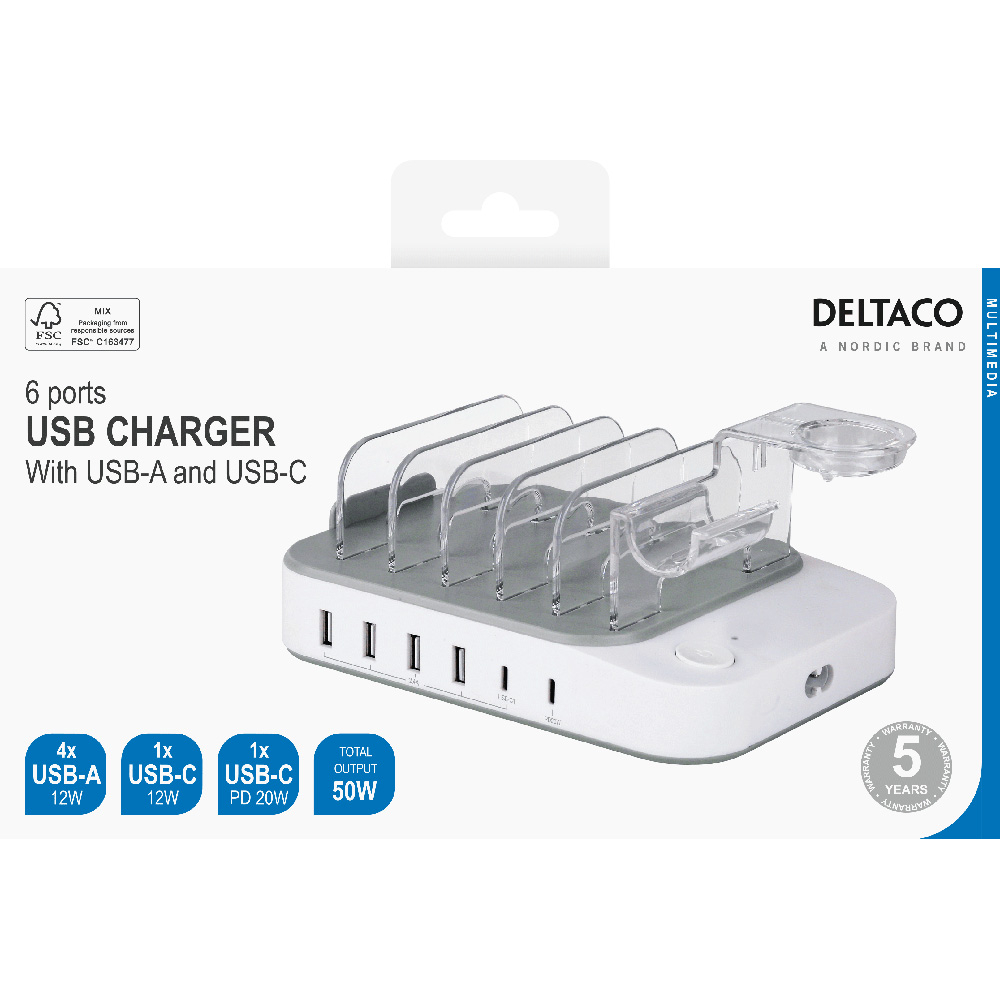 Deltaco USB laddningsstation, 4xUSB, 2xUSB-C, PD, 20W, 2.4A