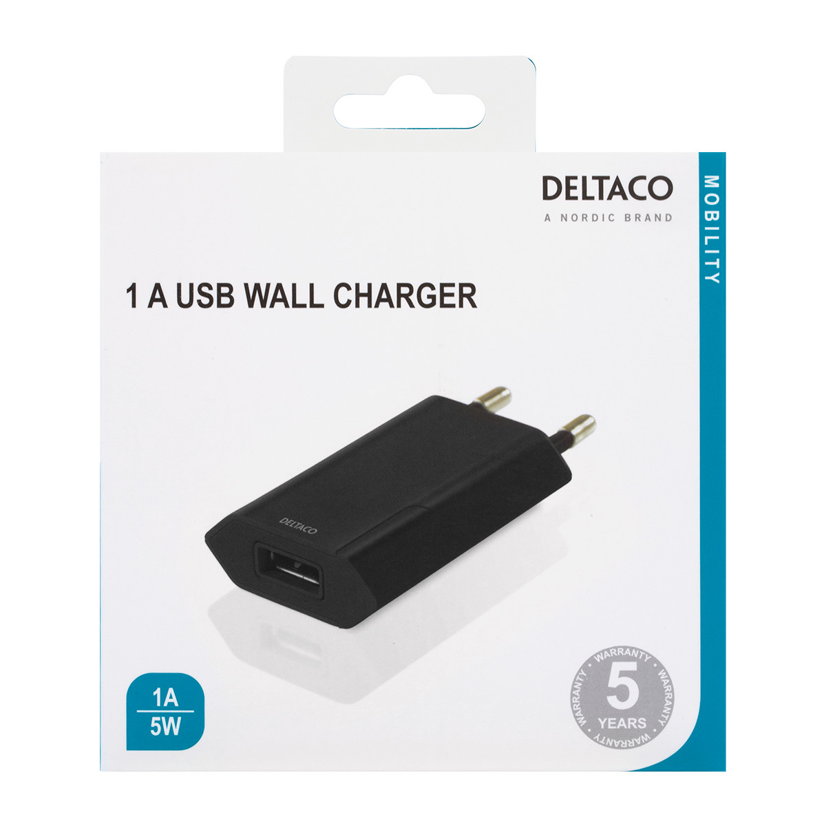 Deltaco USB-A väggladdare, 1A, 5W, retail, svart