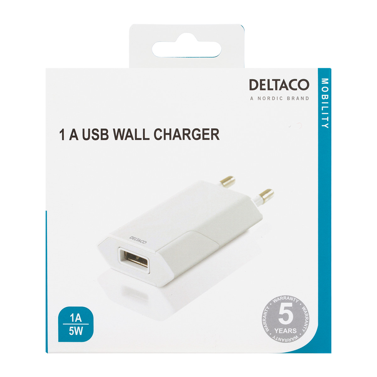 Deltaco USB väggladdare, retail, 1A, 5W, vit