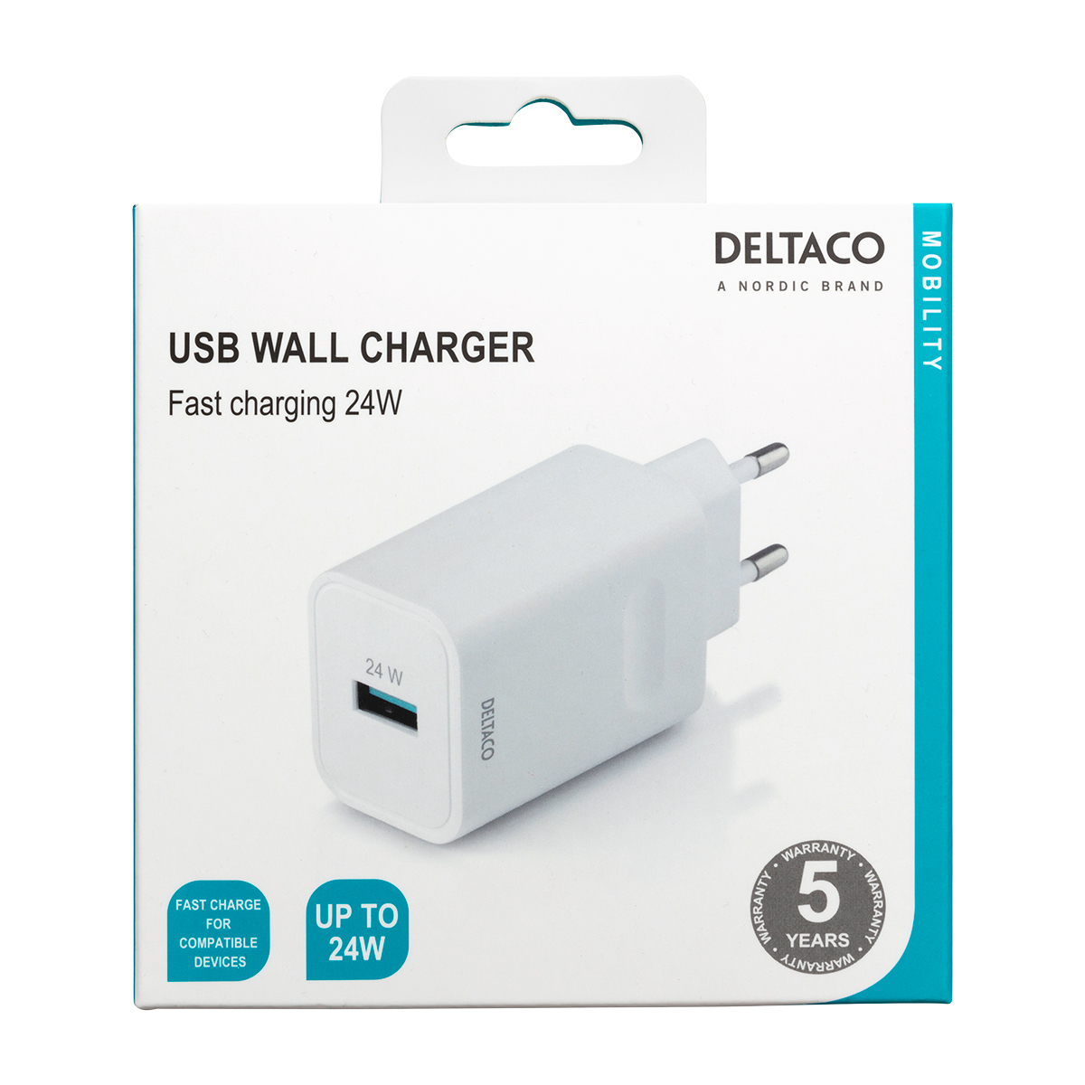Deltaco USB väggladdare med snabbladdning, 24W, vit