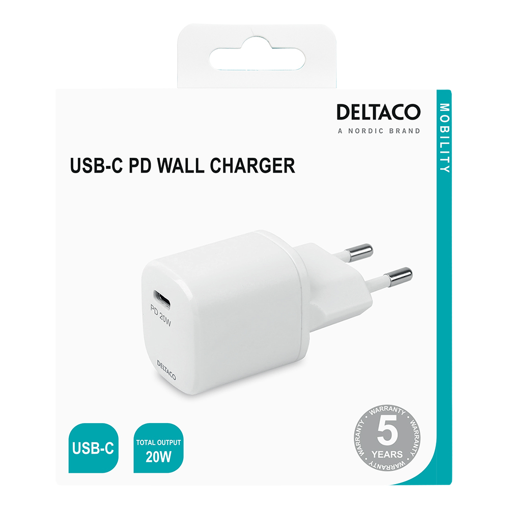 Deltaco USB-C väggladdare, PD, 20W, vit